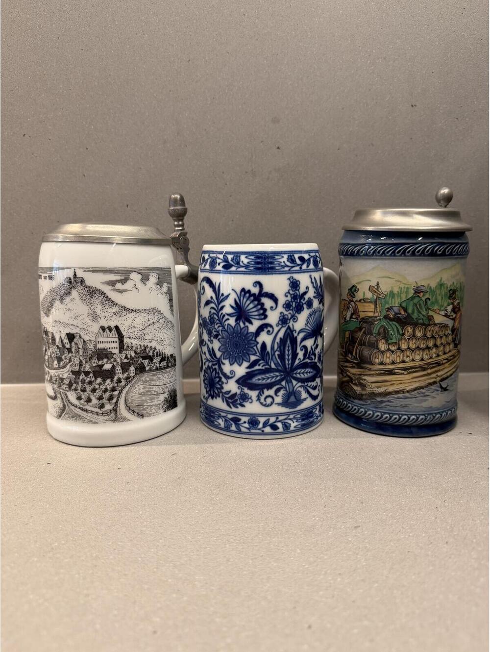 Vintage German Beer Stein Lot of 3 Waldthurn Blue Onion Bavarian Lidded Mugs